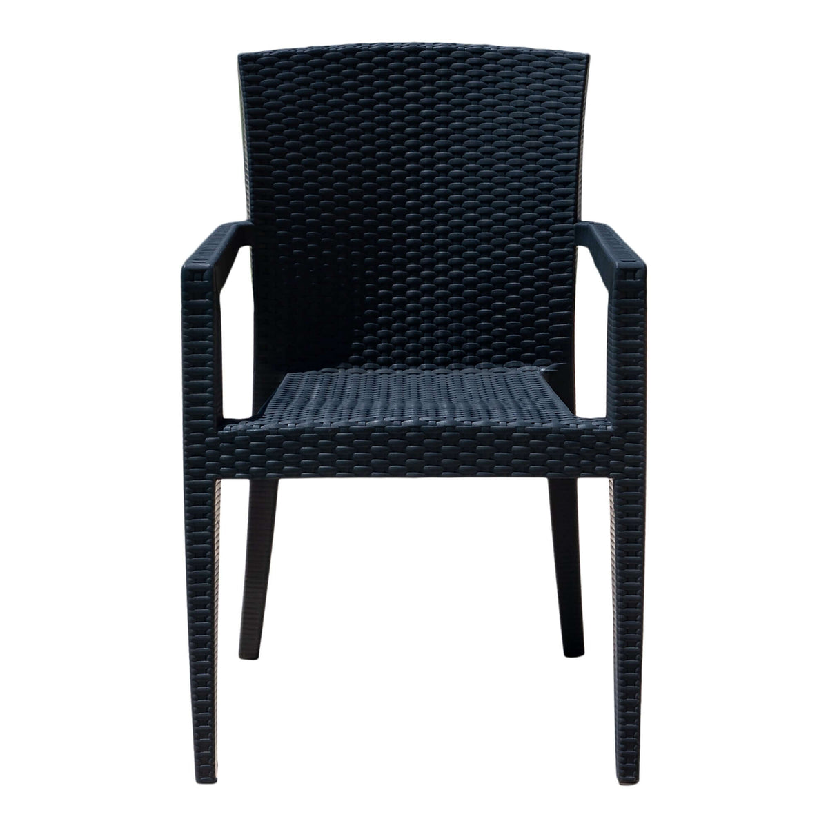 Black set of 2 outdoor stackable armchairs with modern design featuring flat wicker that's easy to clean