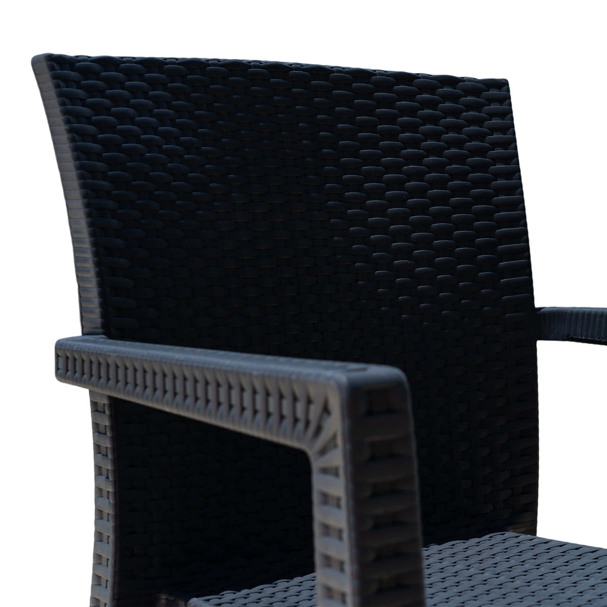 Black set of 2 outdoor stackable armchairs with modern design featuring flat wicker that's easy to clean