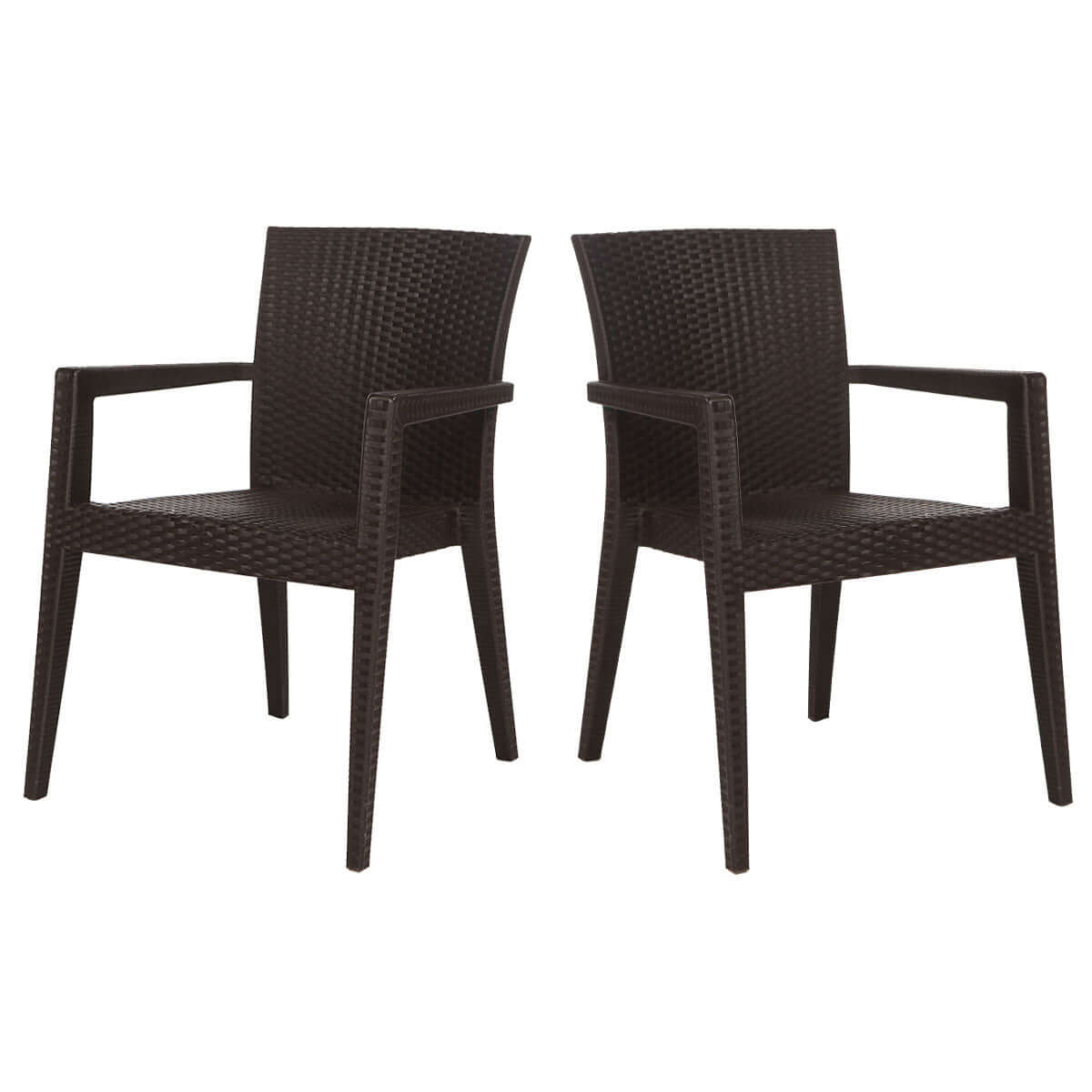 Brown set of 2 outdoor stackable armchairs with modern design featuring flat wicker that's easy to clean