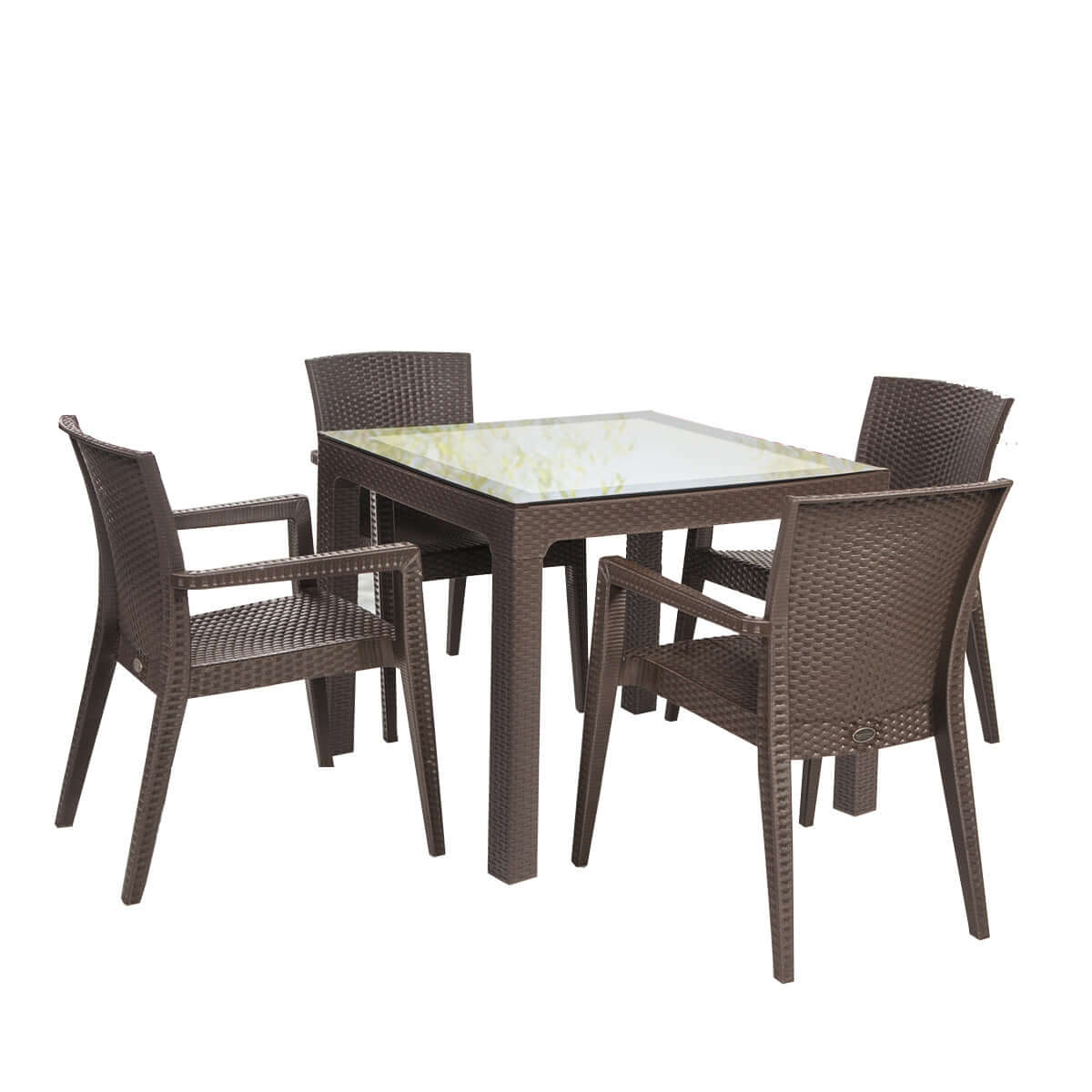 Brown 5-piece outdoor dining set includes 1 square table and 4 wicker stackable armchairs