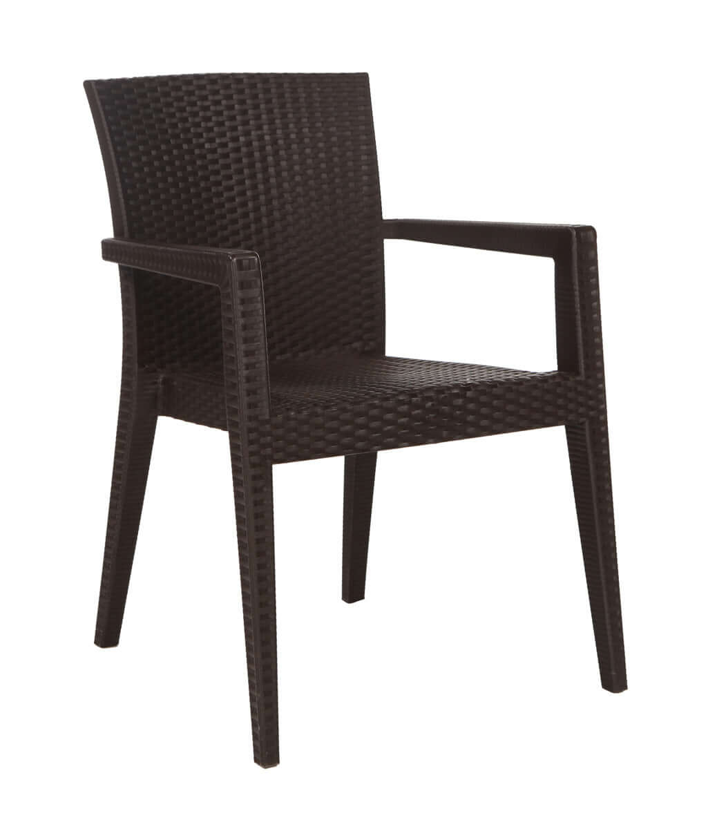 Brown set of 2 outdoor stackable armchairs with modern design featuring flat wicker that's easy to clean