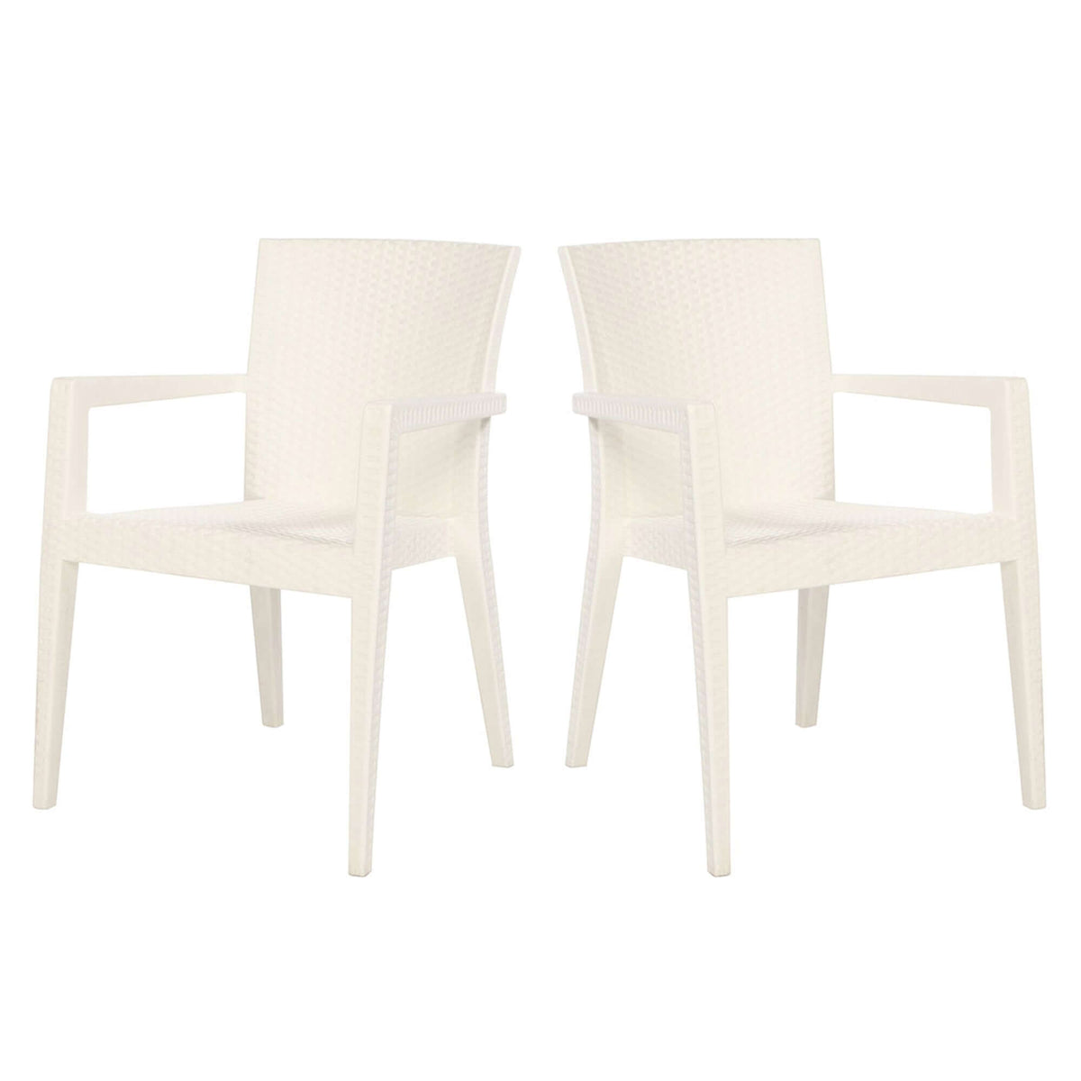 White set of 2 outdoor stackable armchairs with modern design featuring flat wicker that's easy to clean