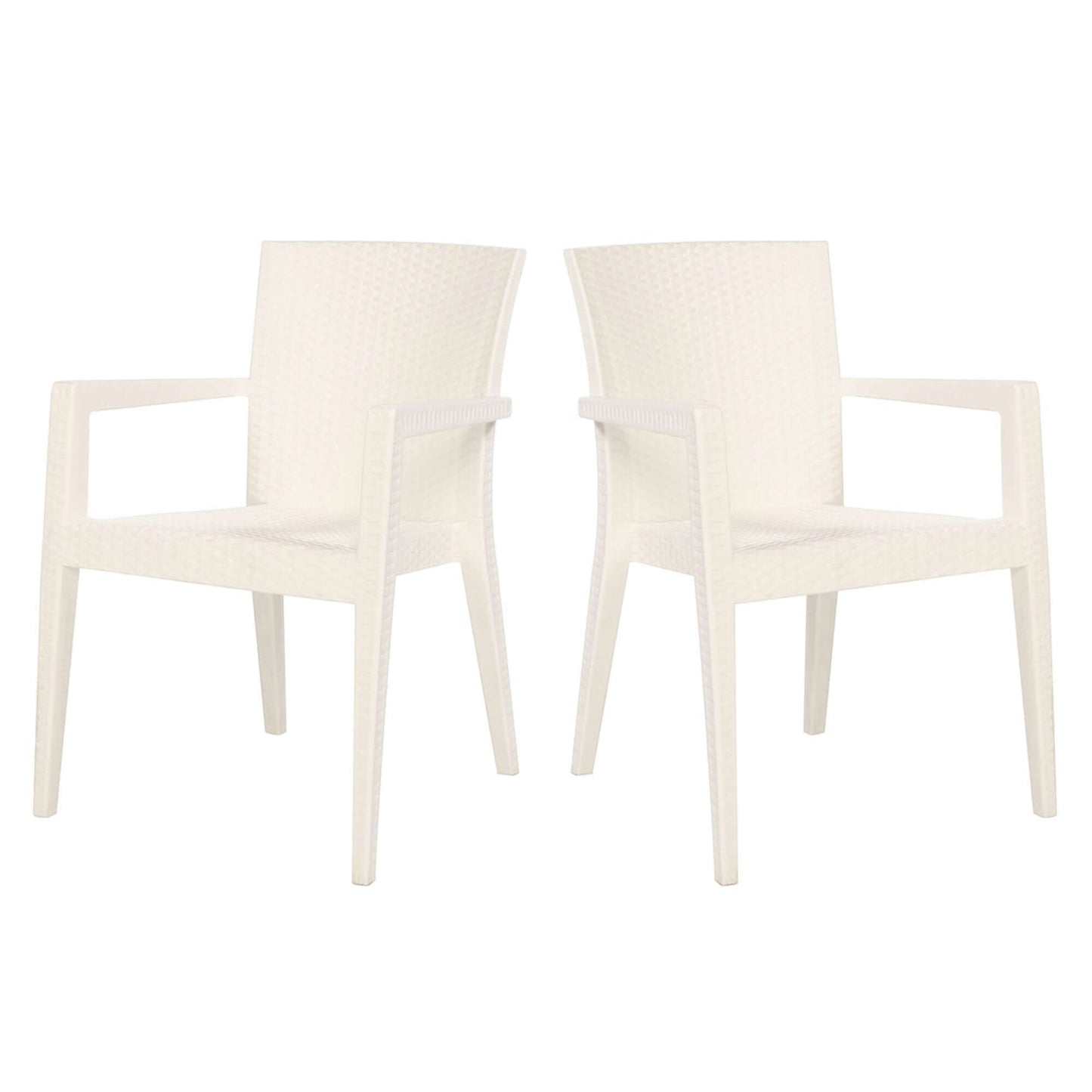 White set of 2 outdoor stackable armchairs with modern design featuring flat wicker that's easy to clean