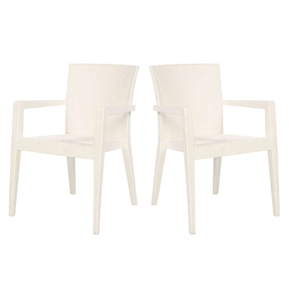 White set of 2 outdoor stackable armchairs with modern design featuring flat wicker that's easy to clean