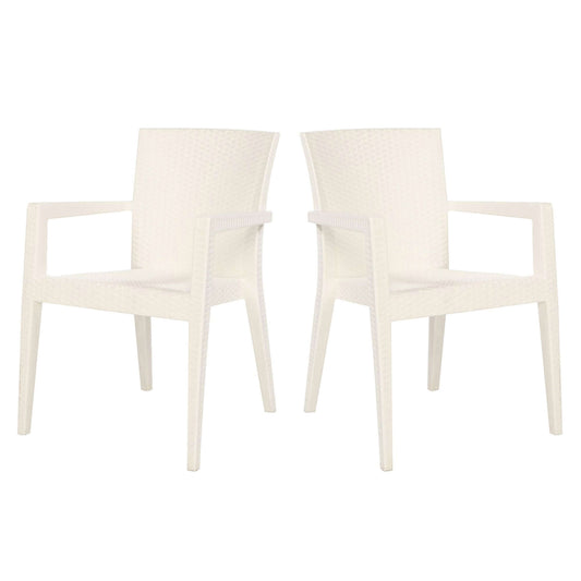 White set of 2 outdoor stackable armchairs with modern design featuring flat wicker that's easy to clean