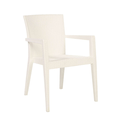 White set of 2 outdoor stackable armchairs with modern design featuring flat wicker that's easy to clean