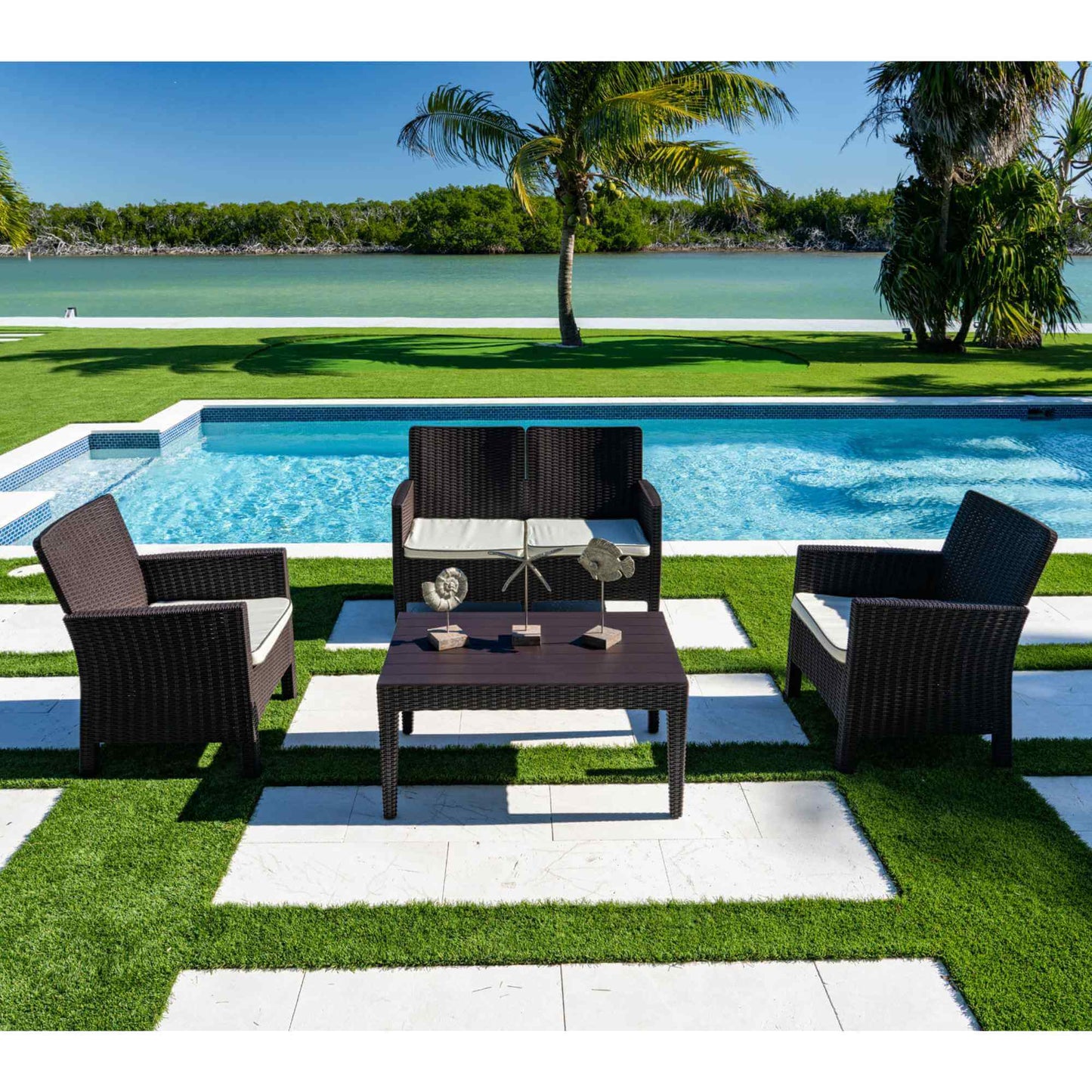 Brown 4-piece outdoor settee set with cushions includes outdoor coffee table, stackable armchairs and loveseat