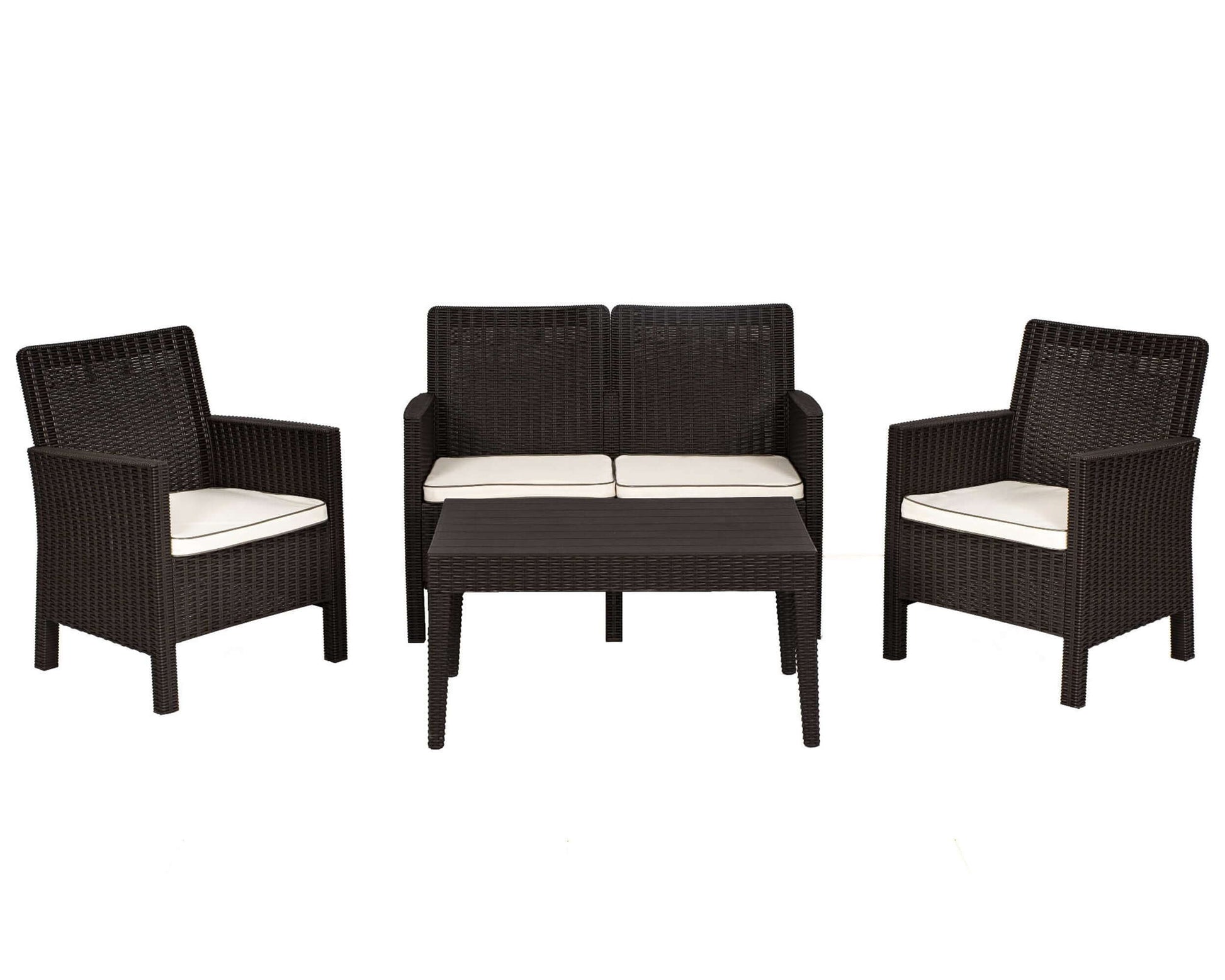 Brown 4-piece outdoor settee set with cushions includes outdoor coffee table, stackable armchairs and loveseat