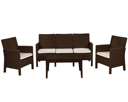 Brown 4-piece outdoor sofa set with cushions includes 1 outdoor coffee table, 2 stackable armchairs and 1 sofa