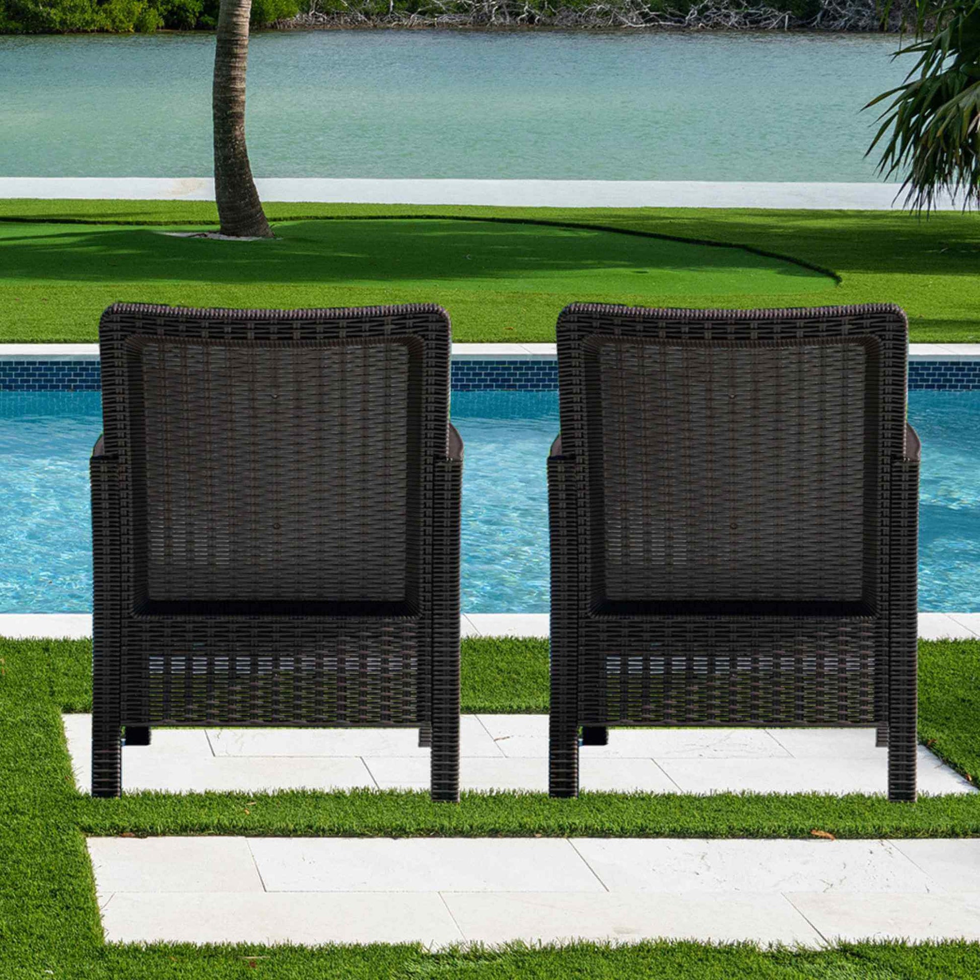 Brown polypropylene plastic lightweight set of 2 outdoor lounge chairs ideal for patios, gardens and balconies