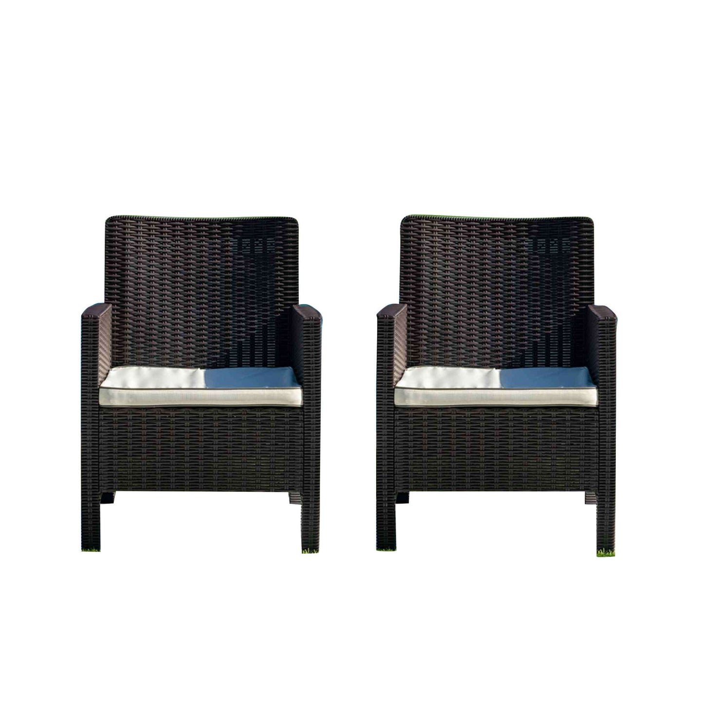 Brown polypropylene plastic lightweight set of 2 outdoor lounge chairs ideal for patios, gardens and balconies