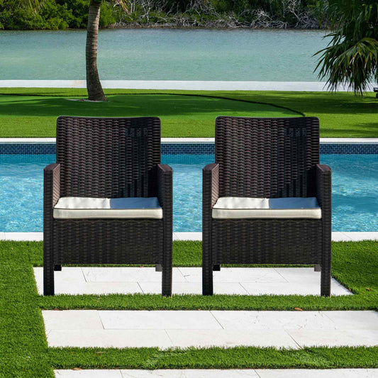 Brown polypropylene plastic lightweight set of 2 outdoor lounge chairs ideal for patios, gardens and balconies