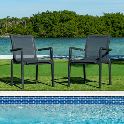 Black sleek set of 2 outdoor sling armchairs with stackable design for easy storage