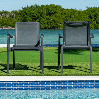 Black sleek set of 2 outdoor sling armchairs with stackable design for easy storage