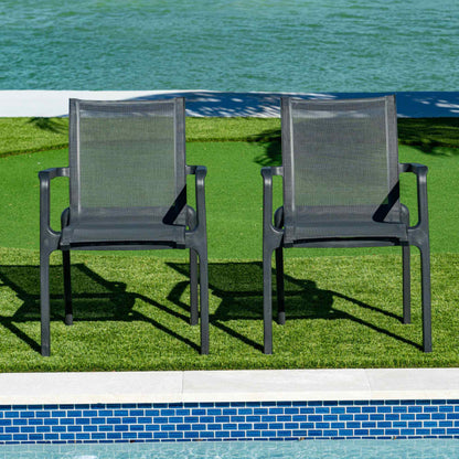 Black sleek set of 2 outdoor sling armchairs with stackable design for easy storage