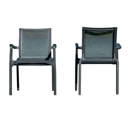 Black sleek set of 2 outdoor sling armchairs with stackable design for easy storage