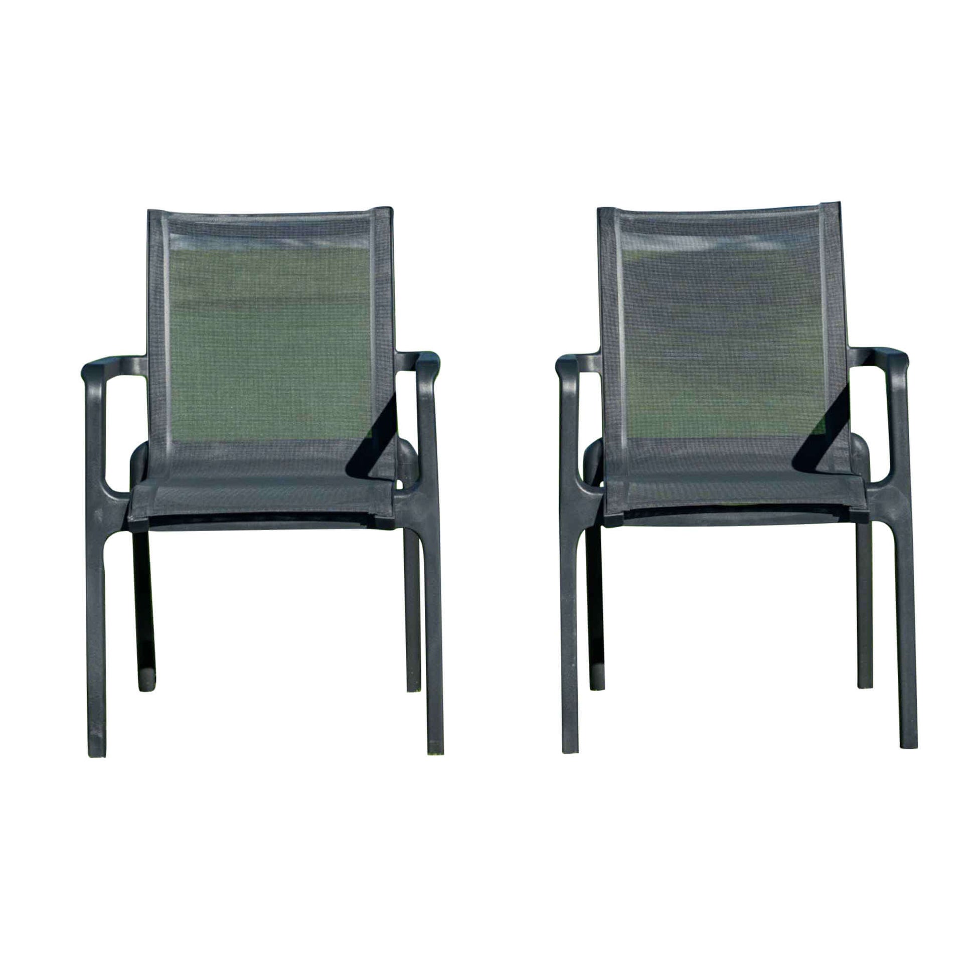 Black sleek set of 2 outdoor sling armchairs with stackable design for easy storage