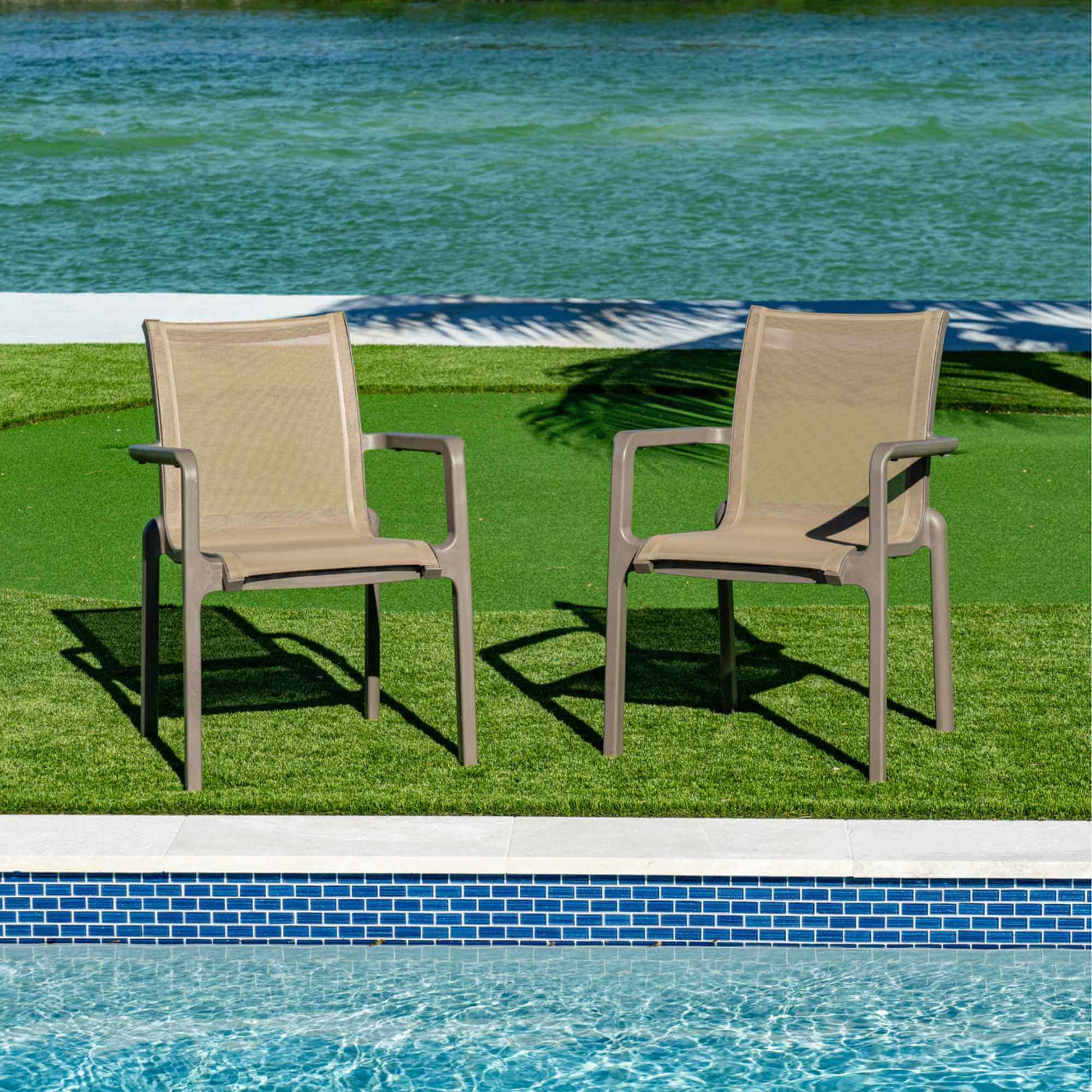 Brown modern set of 2 outdoor sling armchair with stackable design for easy storage