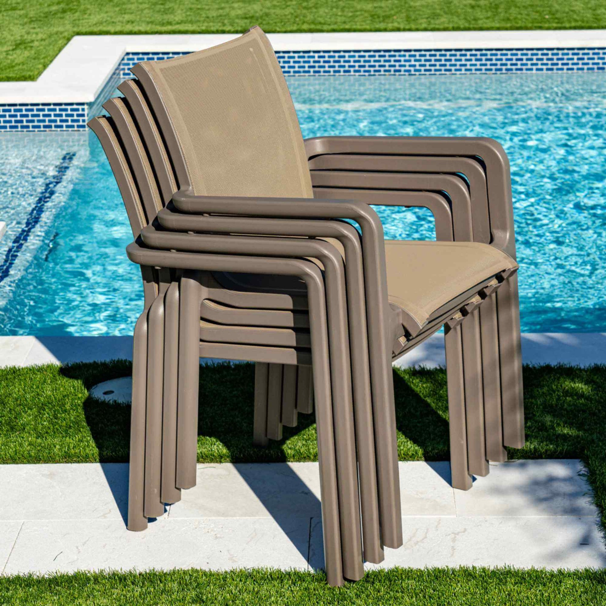 Brown modern set of 2 outdoor sling armchair with stackable design for easy storage