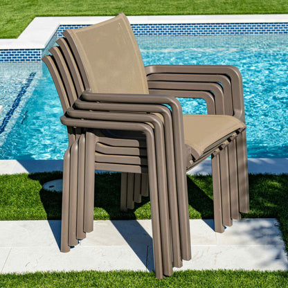 Brown modern set of 2 outdoor sling armchair with stackable design for easy storage