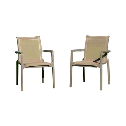 Brown modern set of 2 outdoor sling armchair with stackable design for easy storage