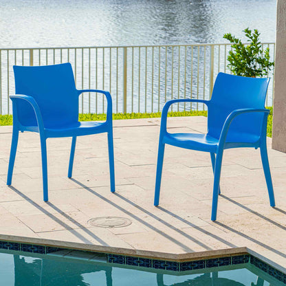 Blue set of 2 outdoor stackable armchairs made of UV resistant resin reinforced with glass fiber