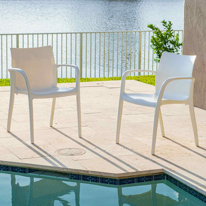 White set of 2 outdoor stackable armchairs made of UV resistant resin reinforced with glass fiber