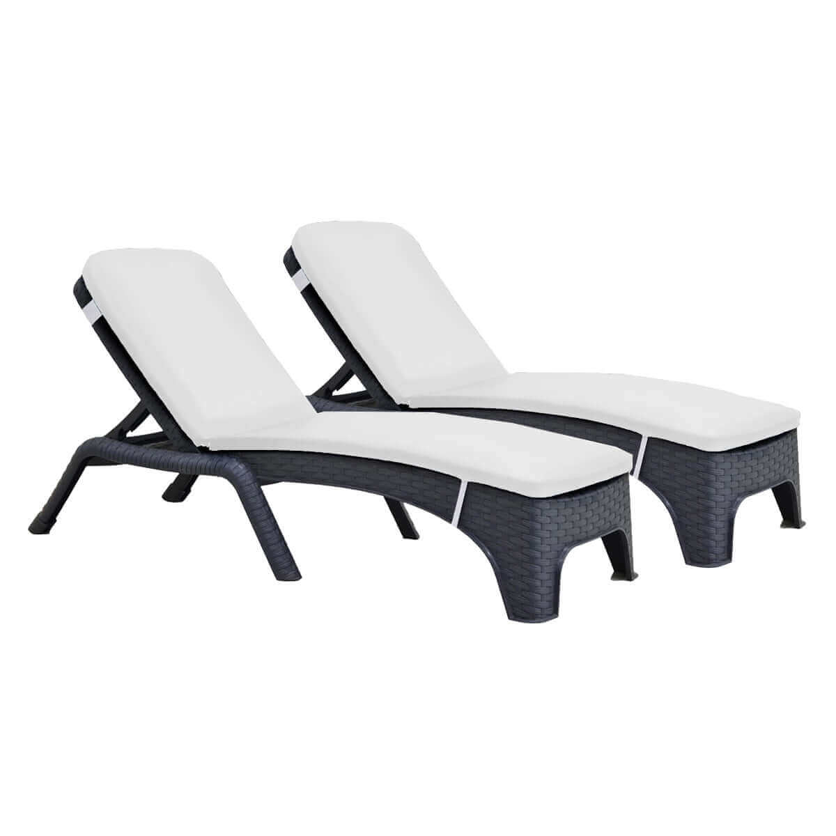 Black outdoor 3-piece chaise lounger with cream cushions set includes 2 stackable chaise loungers and an end table