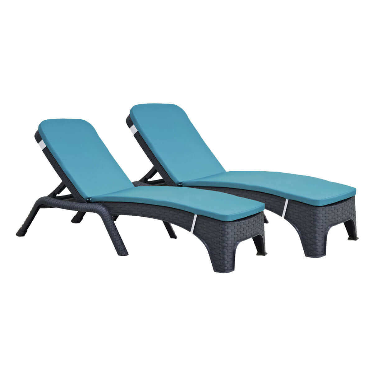 Black outdoor 3-piece chaise lounger set includes 2 stackable chaise loungers and an end table