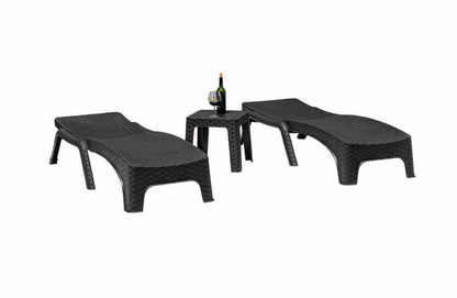 Black outdoor 3-piece chaise lounger set includes 2 stackable chaise loungers and an end table