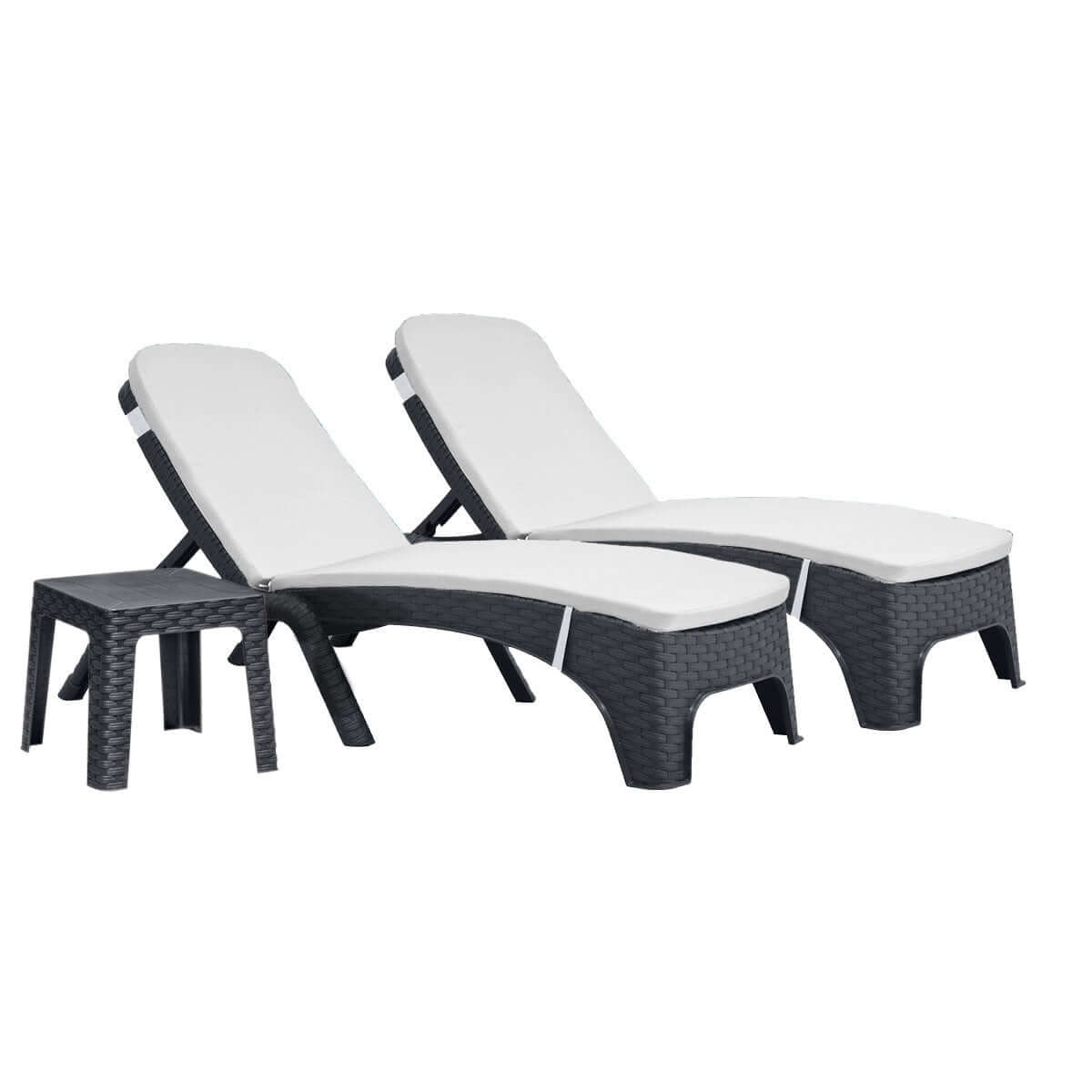 Black outdoor 3-piece chaise lounger with cream cushions set includes 2 stackable chaise loungers and an end table