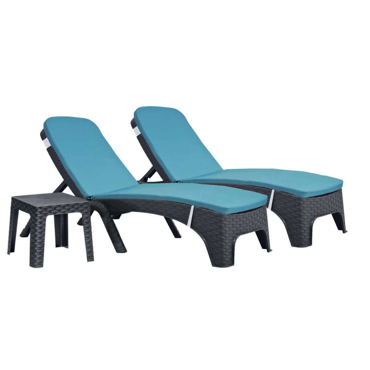 Black outdoor 3-piece chaise lounger with teal cushions set includes 2 stackable chaise loungers and an end table