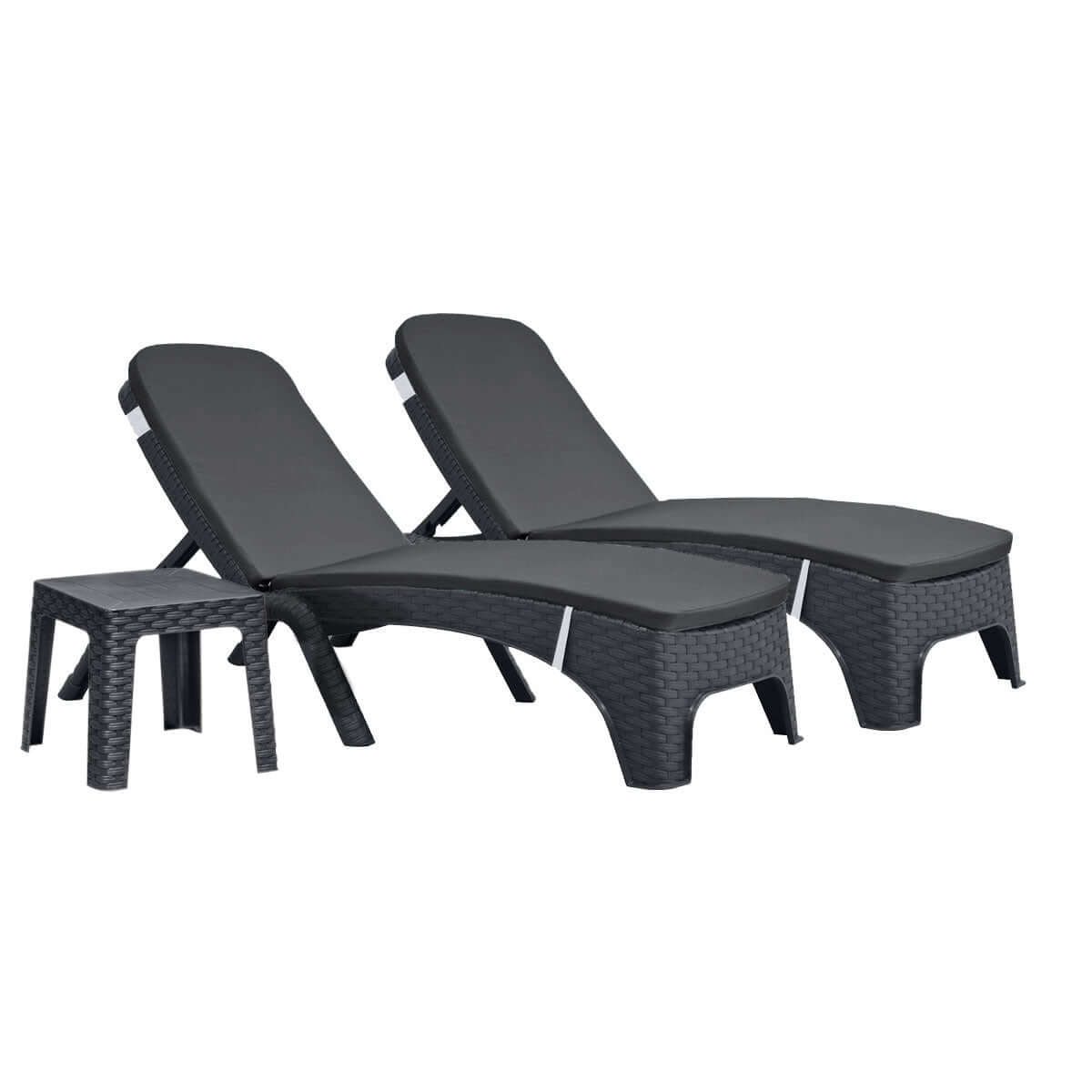 Black outdoor 3-piece chaise lounger with anthracite cushions set includes 2 stackable chaise loungers and an end table