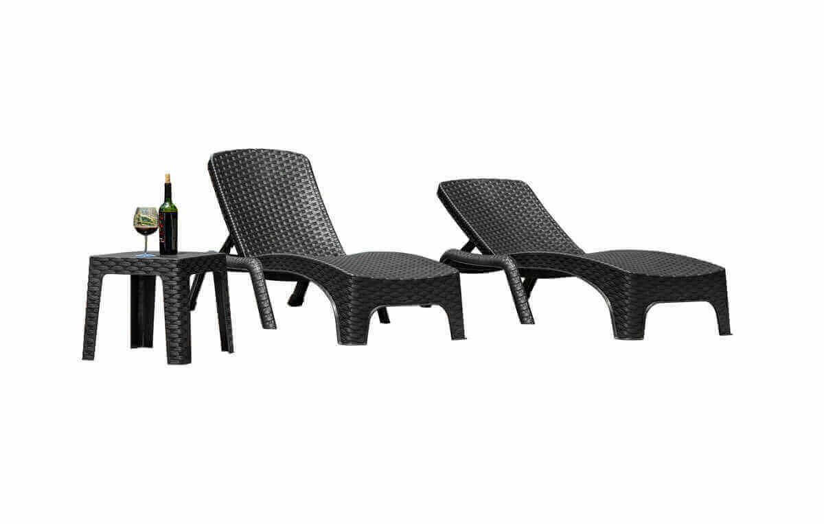 Black outdoor 3-piece chaise lounger set includes 2 stackable chaise loungers and an end table