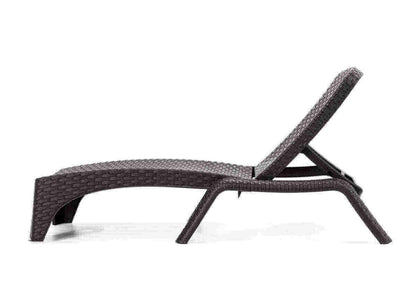 Black outdoor chaise lounger features a four-point backrest and hidden back wheels