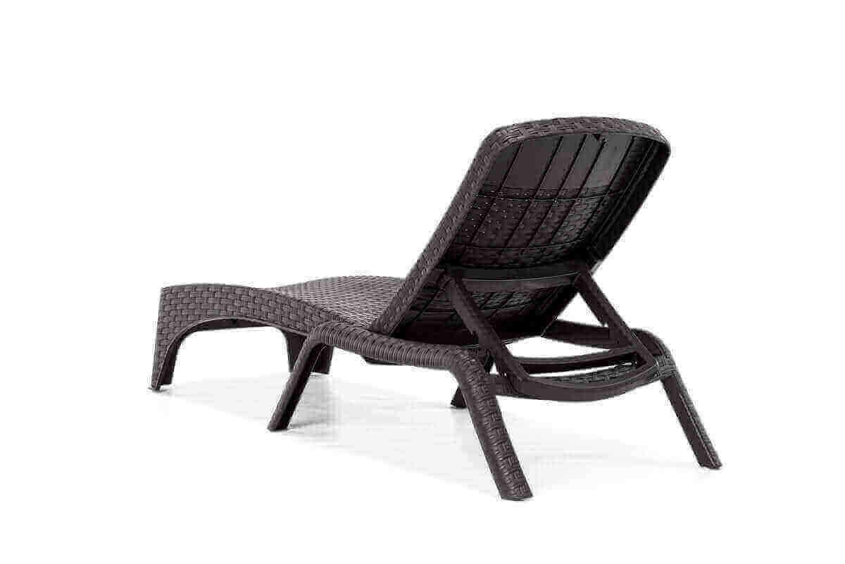 Black outdoor chaise lounger features a four-point backrest and hidden back wheels