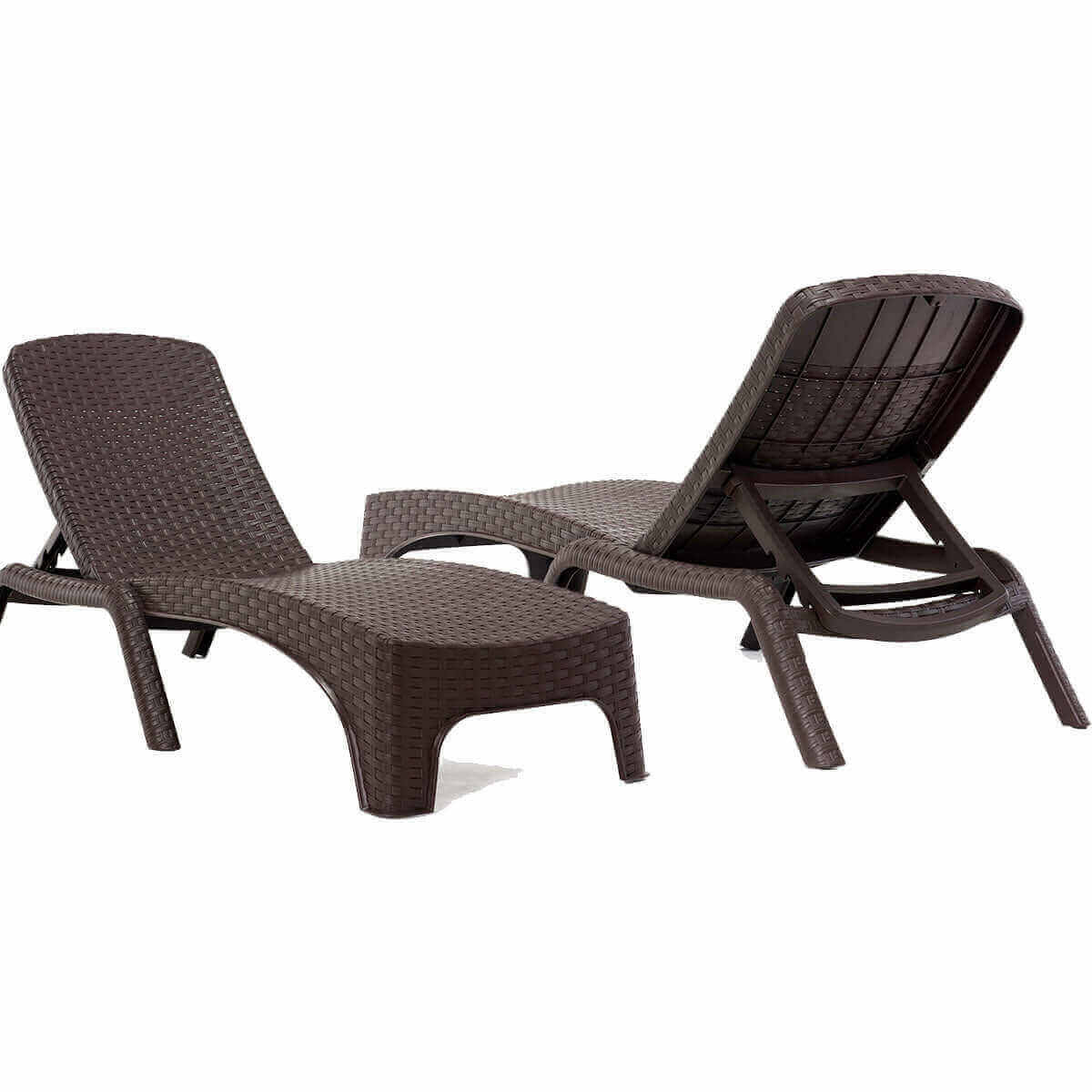 Brown set of 2 outdoor stackable chaise loungers features four-position backrest and hidden back wheels