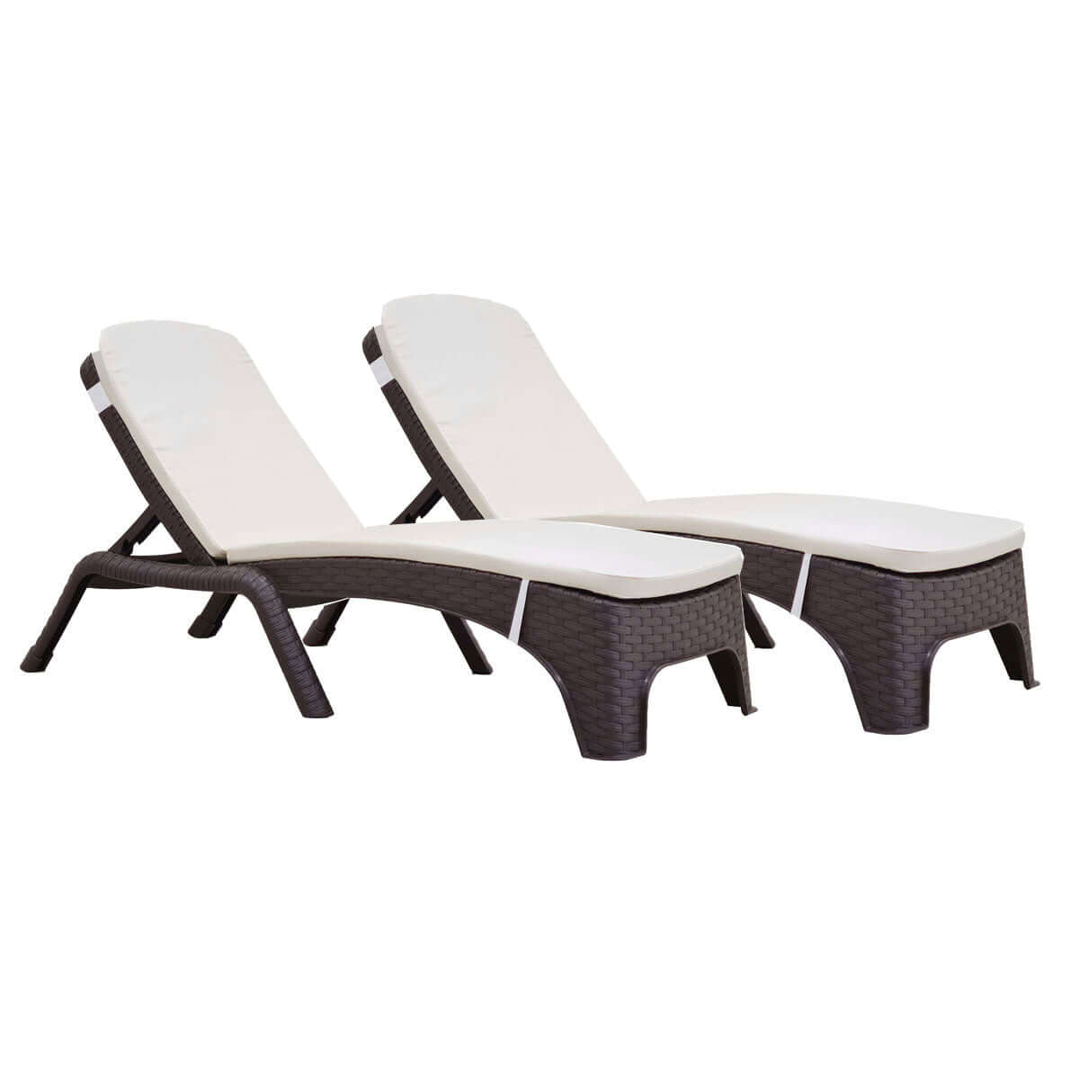 Brown set of 2 outdoor stackable chaise loungers with cream cushions features four-position backrest and hidden back wheels