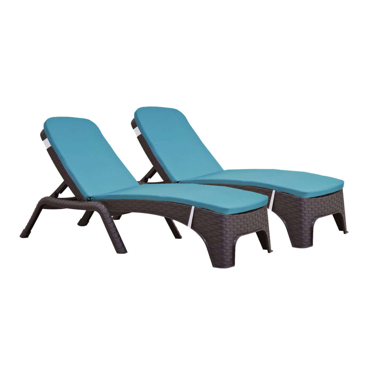 Brown set of 2 outdoor stackable chaise loungers with teal cushions features four-position backrest and hidden back wheels