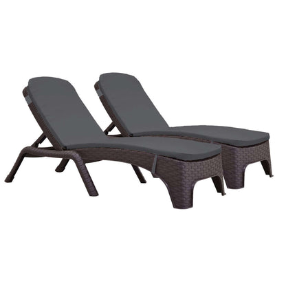 Brown set of 2 outdoor stackable chaise loungers with anthracite cushions features four-position backrest and hidden back wheels