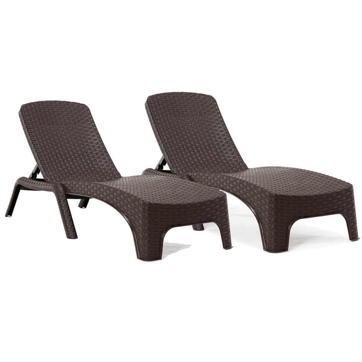 Brown set of 2 outdoor stackable chaise loungers features four-position backrest and hidden back wheels