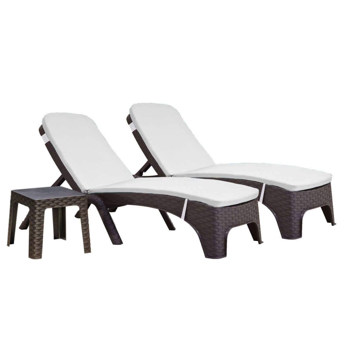 Brown outdoor 3-piece chaise lounger set with cream cushions includes 2 stackable chaise loungers and an end table