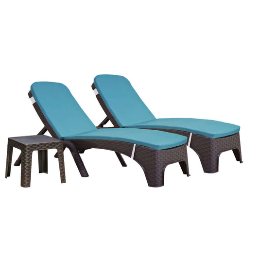 Brown outdoor 3-piece chaise lounger set with teal cushions includes 2 stackable chaise loungers and an end table