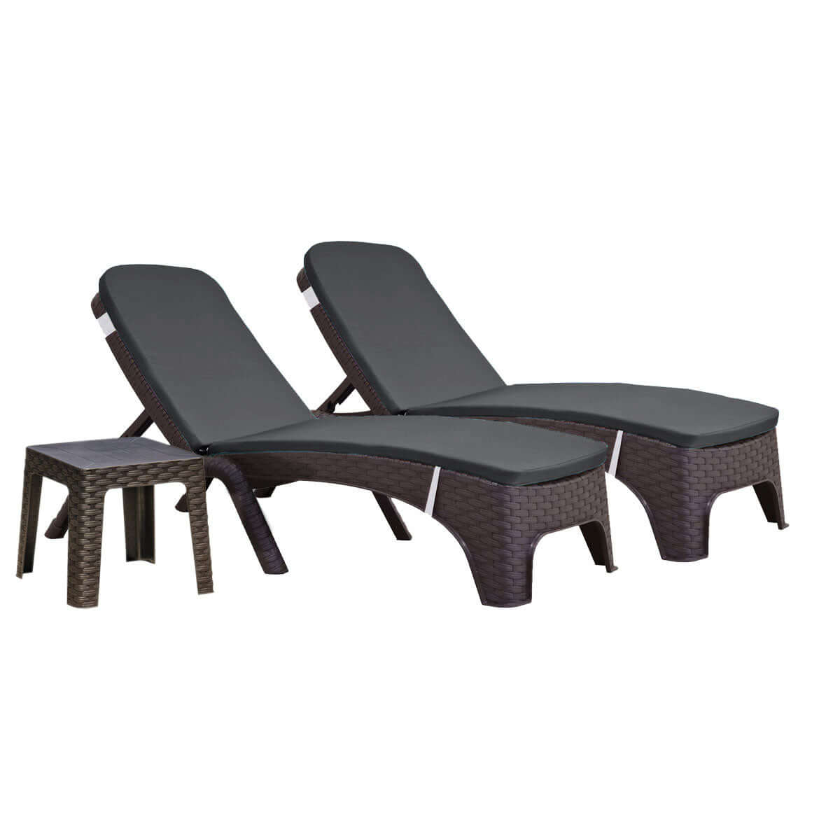 Brown outdoor 3-piece chaise lounger set with anthracite cushions includes 2 stackable chaise loungers and an end table