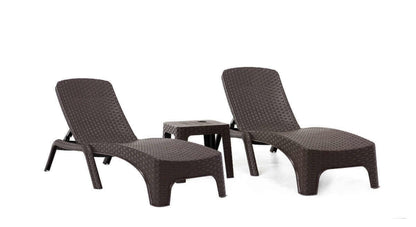 Brown outdoor 3-piece chaise lounger set includes 2 stackable chaise loungers and an end table