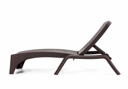 Brown outdoor stackable chaise lounger features four-position backrest and hidden back wheels