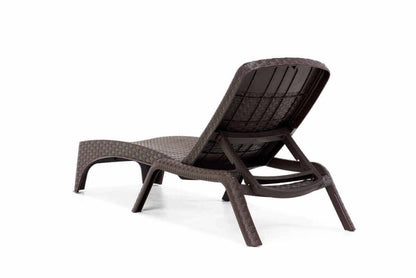 Brown outdoor stackable chaise lounger features four-position backrest and hidden back wheels