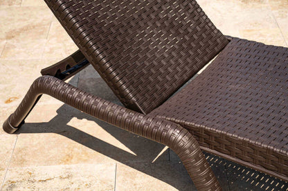 Brown set of 2 outdoor stackable chaise loungers features four-position backrest and hidden back wheels