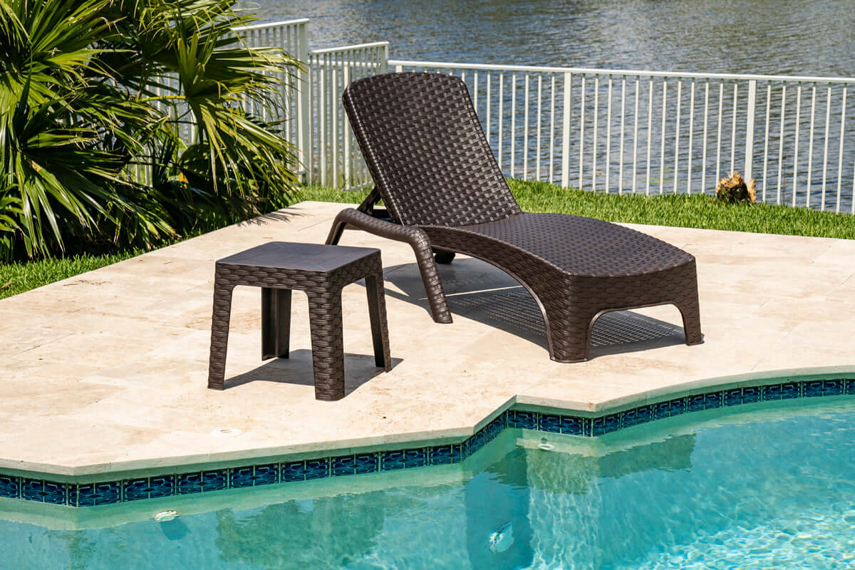 Brown set of 2 outdoor stackable chaise loungers features four-position backrest and hidden back wheels