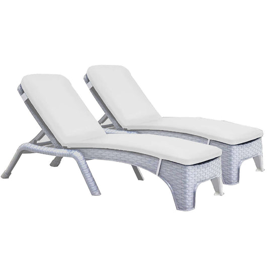 White set of 2 outdoor chaise loungers with cream cushions features a four-point backrest